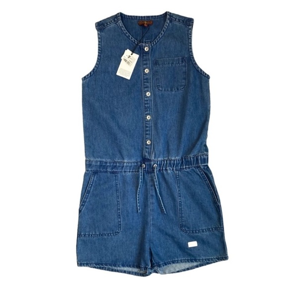 NWT 7 For All Mankind Girl Sleeveless Denim Romper Button Front Medium Wash Sz L - Picture 9 of 13